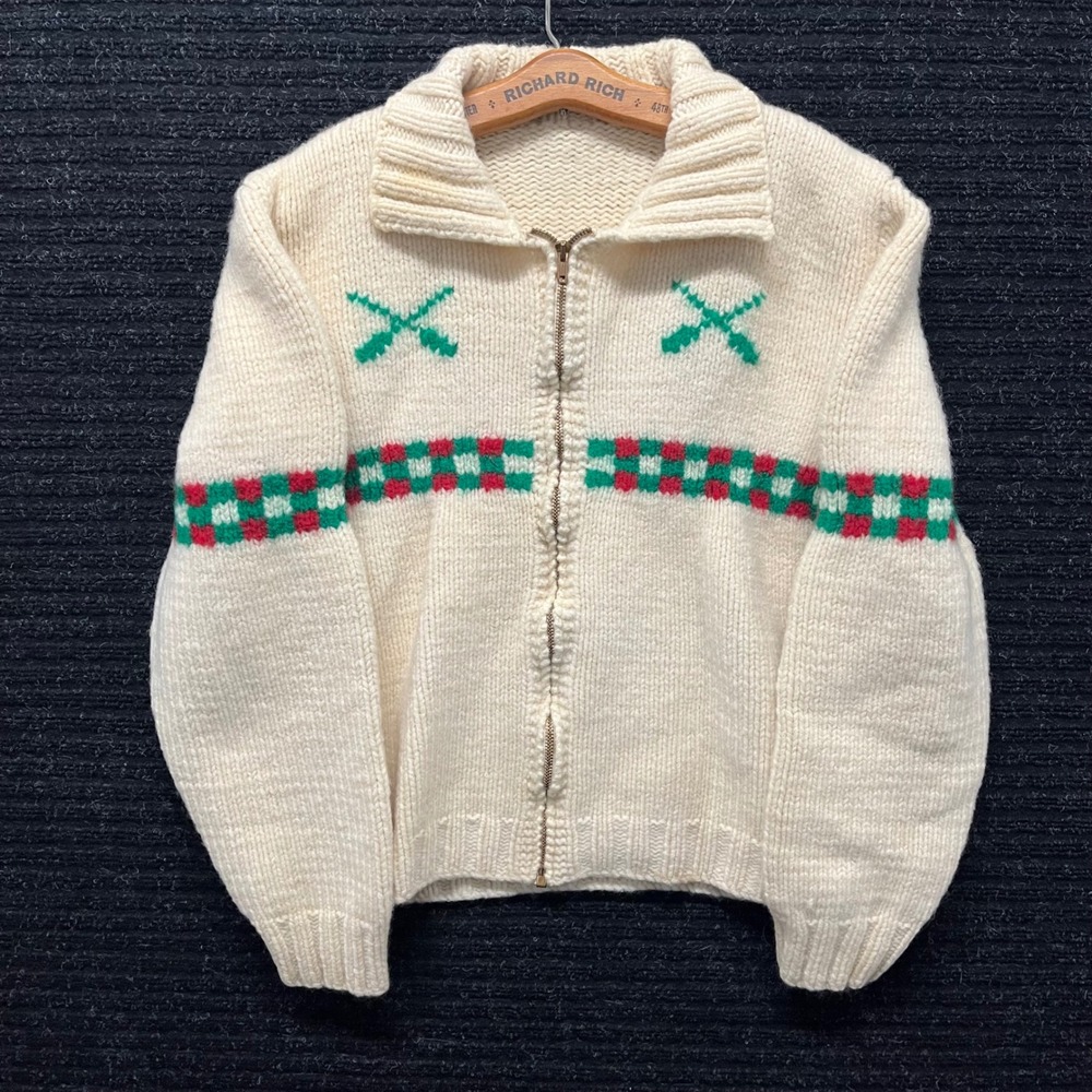 True Vintage 1950s/60s rowing/curling motif wool cowichan talon zip S/M